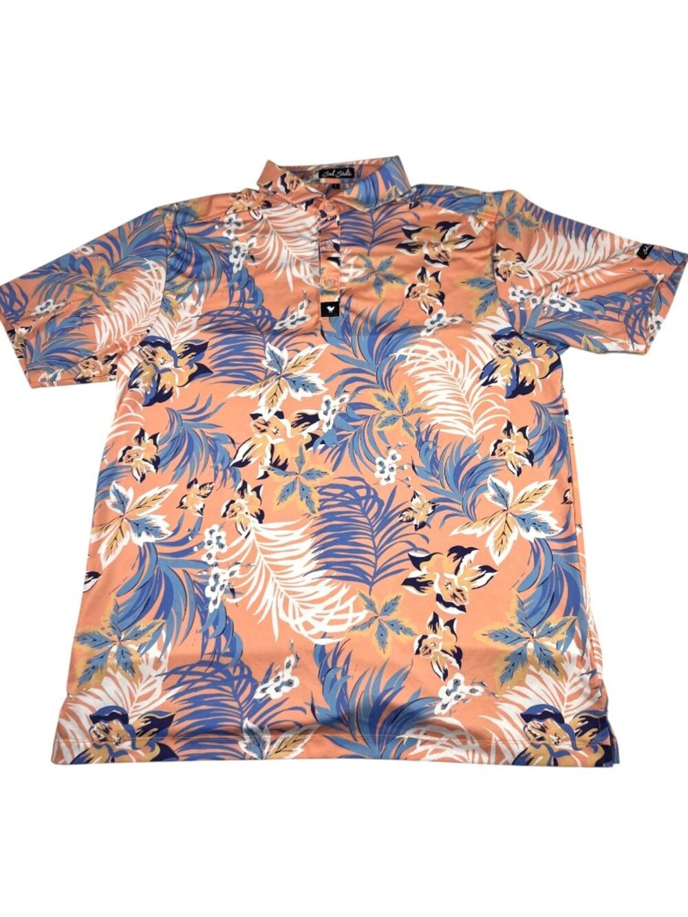 Bad Birdie Men Orange Floral Hawaiian AOP Golf Performance Polo Shirt Size Large